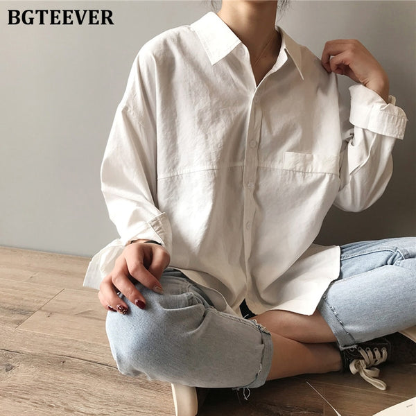 Minimalist Loose White Shirts for Women, Turn-Down Collar Solid