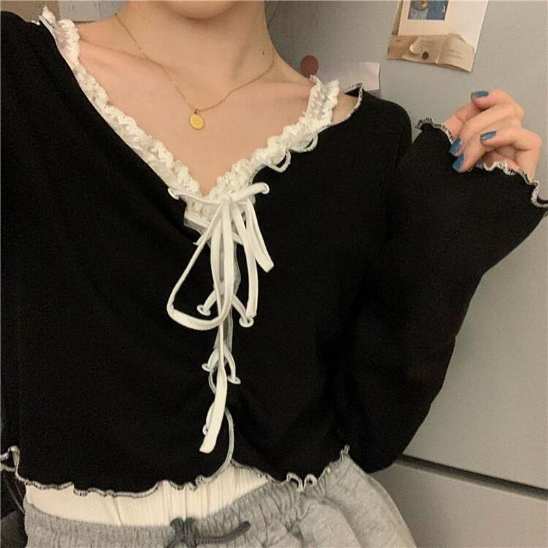 Prettyswomen Women Long Sleeve T-Shirts Lace-Up Patchwork Ruffles Trendy Sweet Lovely Crop Tops Sexy Females Leisure Chic All-Match Outwear