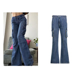 y2k Jeans Retro Sashes Denim Pants Ruched Drawstring Cargo Pants Women Big Pockets Trousers Women Streetwear Jeans 90s