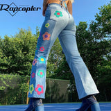 Floral Patched Jeans y2k Vintage Flare Denim Pants Embroidery Cute High Waisted Cargo Pants Women Korean Style Trouser