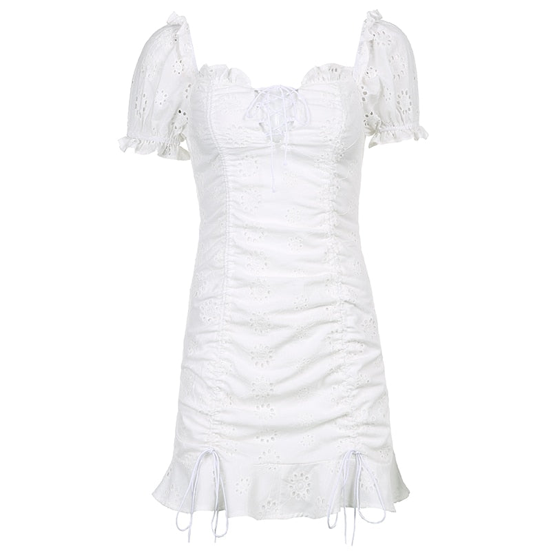 Jacquard Ruched Drawstring White Puff Short Sleeve Mini Dress Women Elegant Fashion Lace-up Party Holiday Dresses Iamhotty