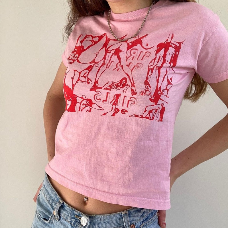 Prettyswomen 2022 Print Tees Shirt Harajuku Graphic Casual Women Vintage Crop Top Summer Slim Fit Tees Tops Streetwear Gothic Punk