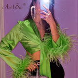 Prettyswomen Front Bow Tie Up Sexy Slim Women Bandage Shirt Low Cut Long Sleeve With Furry Feathers Green Satin Crop Top Clubwear