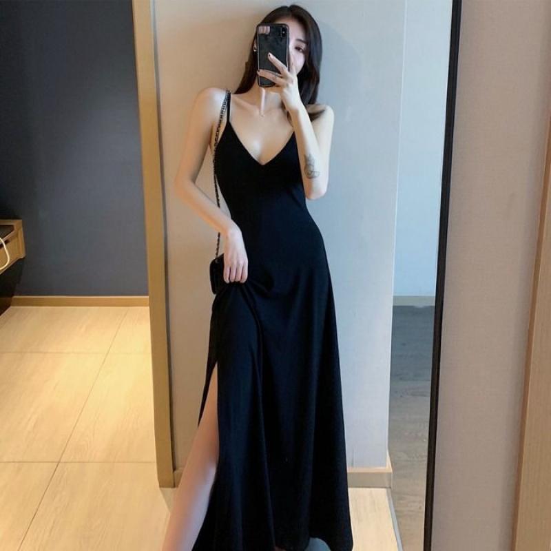 Back to college New Solid Black Dress With Suspender Sexy Gentle V-Neck Retro Long Dresses With Side Slit Beach Party 2022 Summer New Clothes