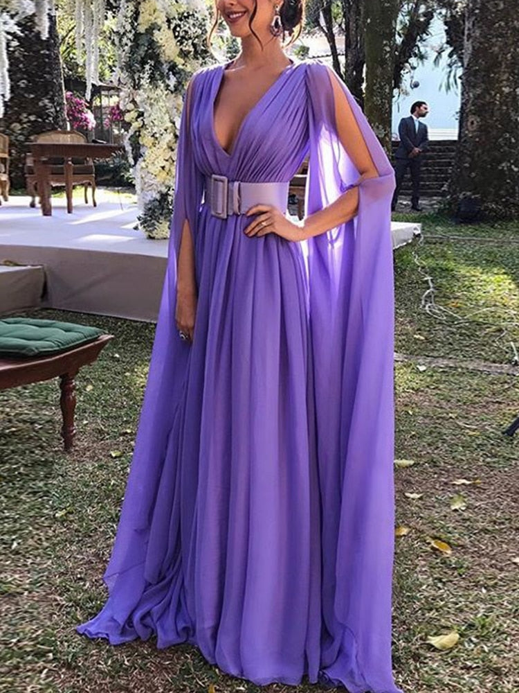 2022 Cocktail Dresses Fashion Deep V Neck Purple Chiffon Full Length Ladies High Waist A Line Elegant Evening Prom Party Gowns