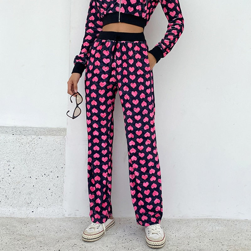 Y2K Pink Pants Heart Printed Sweet Trousers Vintage Aesthetic Party Pants Pockets Joggers Festival Outfits Women New