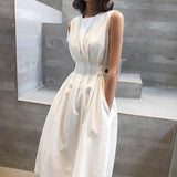 Vintage Dress Women Solid O Neck Sleeveless  Women Party Dress With Pocket White Woman Dress Elegant Sundress Female Vestido