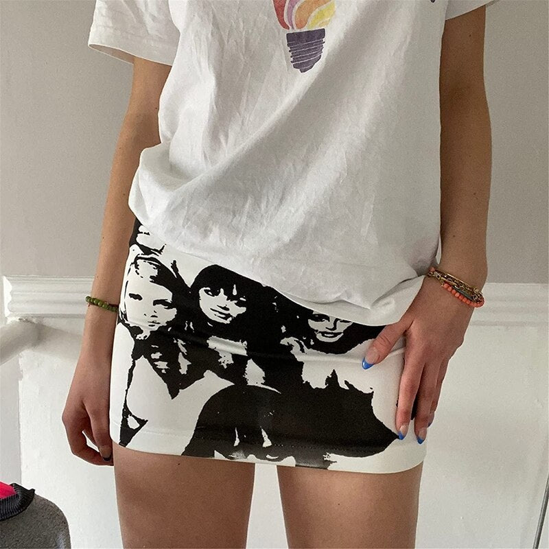 Y2K Aesthetic Indie Mini Skirt Women Summer 90s Vintage Graphic Print Pencil Skirt Harajuku Gothic Bodycon E-girl Streetwear