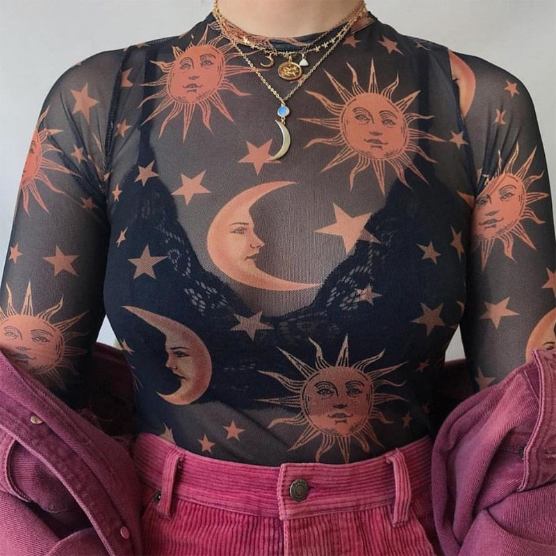 Prettyswomen 2022 Sun Moon Printed Transparent Mesh Sexy T-Shirt Women O-Neck Long Sleeve Slim Basic Casual Female Tops Spring New