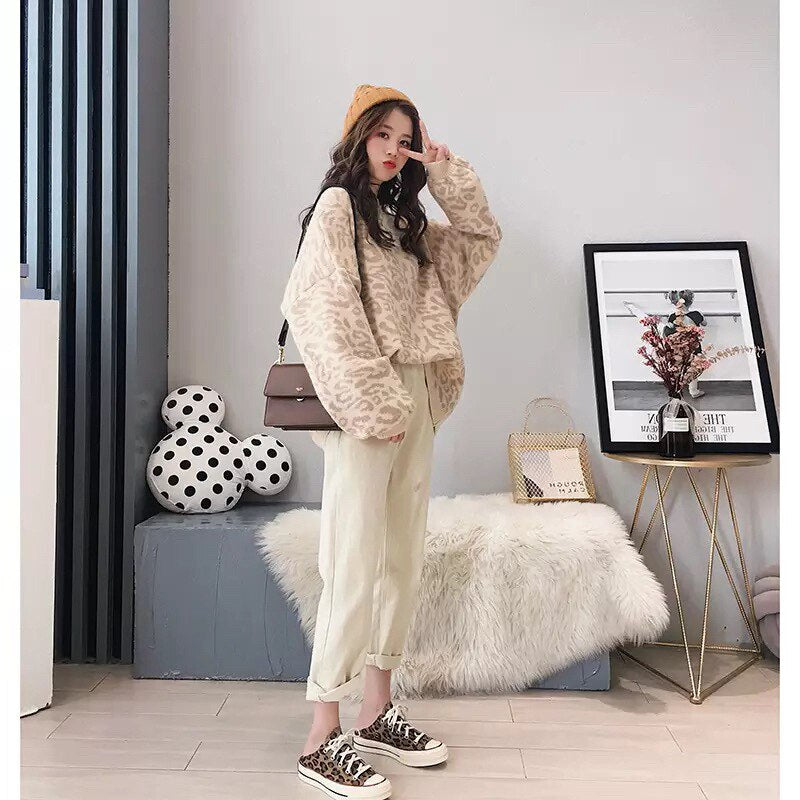 Black Friday Sales Autumn Winter Women Leopard Pullover And Sweaters Round Neck Oversize Sweater Jumpers Casual Leopard Korean Pull Femme