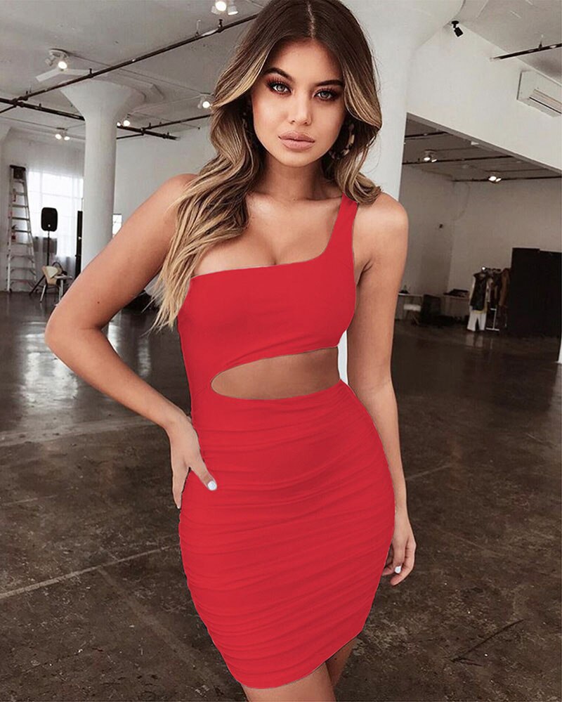 Prettyswomen New Ruched Mini Bodycon Dress Summer Women Backless Mini Party Dresses 2018 One Shoulder Sleeveless Sexy Dress