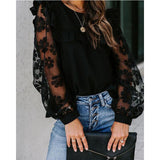 Women Spring Fall Lace Floral Mesh See-through Blouse Office Lady Round Neck Long Sleeve Shirt Loose Fit Wild Pullover Tops