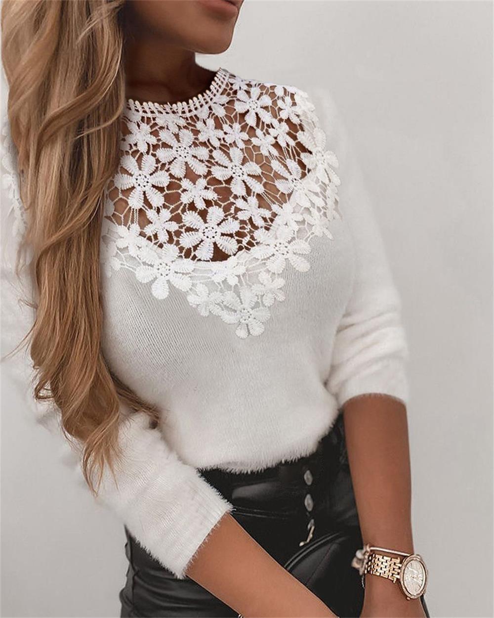 Women's Casual Eyelash Lace Sweater, Solid Color Long-sleeved Top, Tight High Neck Plush Blouse