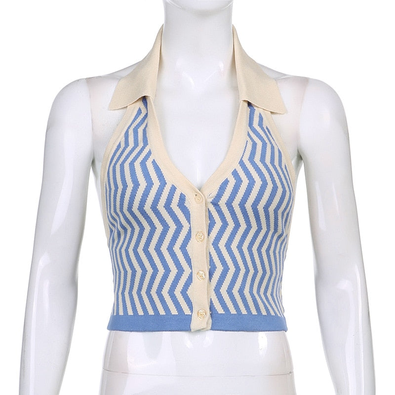 Prettyswomen 90s Vintage Striped Knitted Halter Cropped Tops E-girl Aesthetics Sleeveless Single-breasted Vests Fashion Blue Tops
