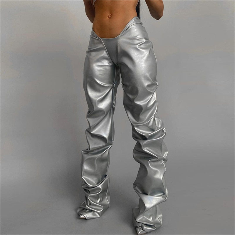 Back to college  Sexy PU Faux Leather Pants Black Silver Streetwear Women Fall Clothing Low Rise Ruched Stacked Pants C87-DD34
