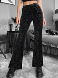 SRUBY Warm High Waist Flared Plants Jacquard Velvet Flare Leg Pants Pants Fashion Female Student Leisure Black Wide Leg Pants