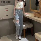 Prettyswomen Sweet High Waist Denim Pants Women Chic Love Heart Ruffles Hollow Out Wide Leg Pants Jeans Female Streetwear Straight Trousers