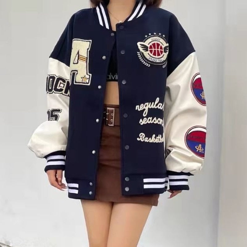 Prettyswomen American retro letter embroidery flocking Y2K street hip-hop baseball uniform jacket female 2021 new college style couple outfit