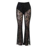 Gothic Black Fashion Flared Pants Vintage Lace Transparent Sexy Grunge High Waist Trousers 2022 Summer Streetwear Pants