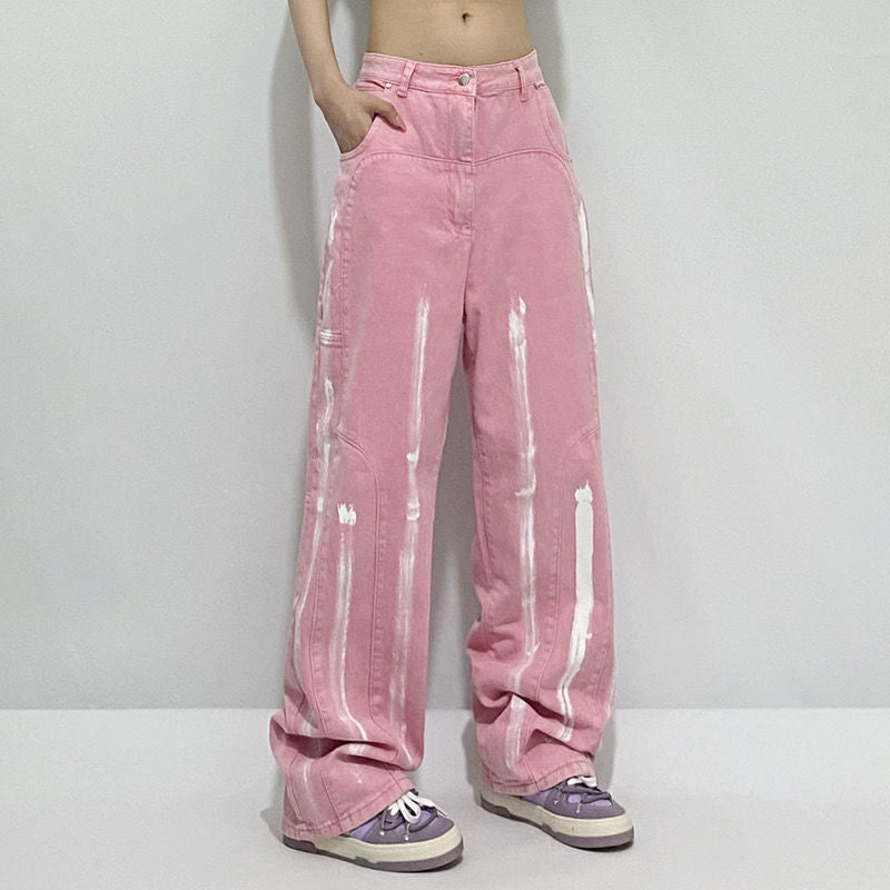 Prettyswomen Pink washed distressed jeans women's autumn 2021 design sense ins inkjet wild trend loose straight wide-leg pants students women