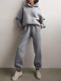 Prettyswomen Women's Fleece-Lined 2 Piece Set Winter Solid Warm Elegant Tracksuit Oversized Hoodies Pullover Sweatshirt And Pants Sportwear