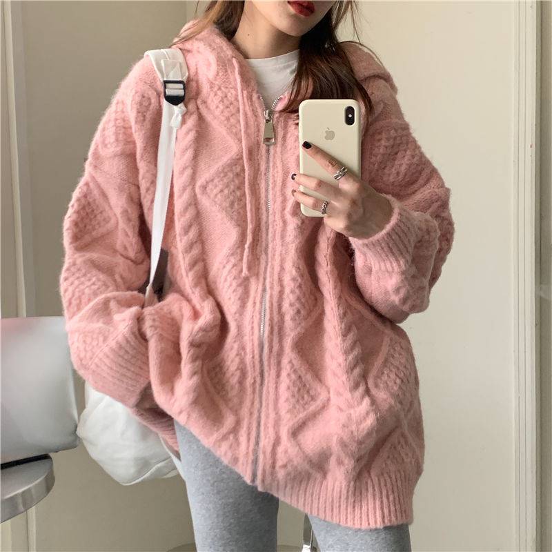 Black Friday Sales Hsaretro Oversized Sweater Cardigans Long Hooded Zipper Sweater Coat For Women 2022 New Winter Coat Twisted Sweater Coat