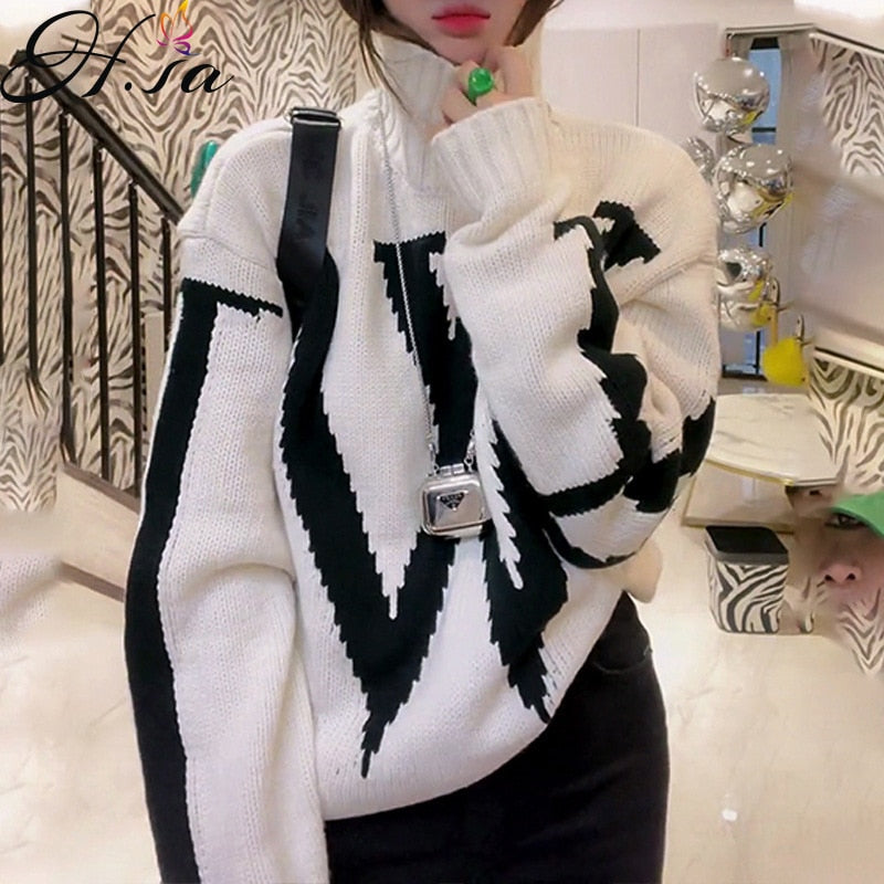Black Friday Sales 2022 Winter Pull Sweater Outer Wear Autumn And Winter Korean Style Women's Clothing Letters Loose Pullover Sweater