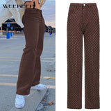 Prettyswomen Fashion Plaid Hollow Out Streetwear Jeans Women Club High Waist Button Fly Straight Pants Korean Baggy Denim Holes Pants