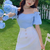 Summer Elegant Two Piece Set Women Blue Plaid Casual Strap Blouse Tops+White Mini Pant Set High Street Holiday Sweet Suit 2022