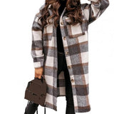 Prettyswomen Women's Coat Turn-Down Collar Long Sleeve Autumn Winter Overcoat Plaid Print Flap Pockets Woolen Oversize Coat Outerwear Пальто