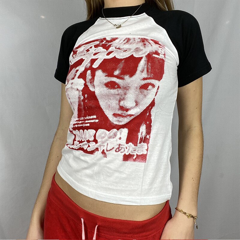 Prettyswomen 2022 Vintage Print Short Sleeve T-shirt Women Harajuku Crop Top Summer Slim Oversized T-Shirt Streetwear Pullovers
