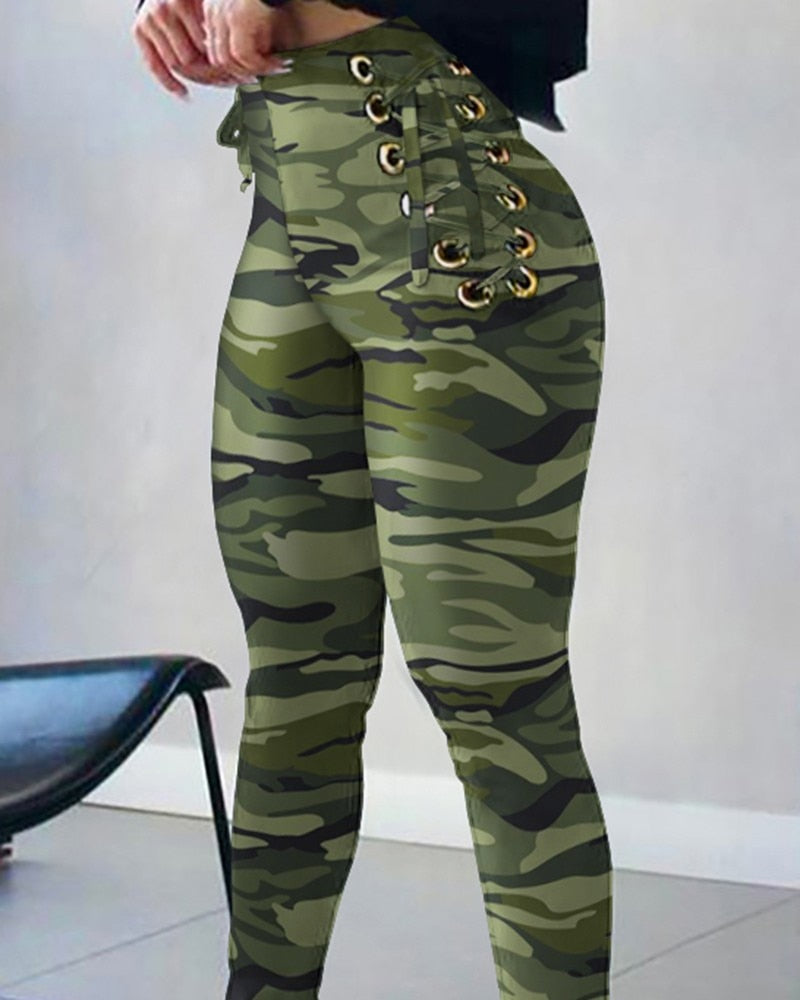 Prettyswomen Camouflage Print High Waist Eyelet Lace-Up Skinny Pants Women 2022 Summer New