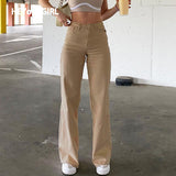 Prettyswomen Khaki Casual High Waist Jeans Women Pocket Elegant Straight Denim Trousers Fashion Solid Pants Capris Summer 2021