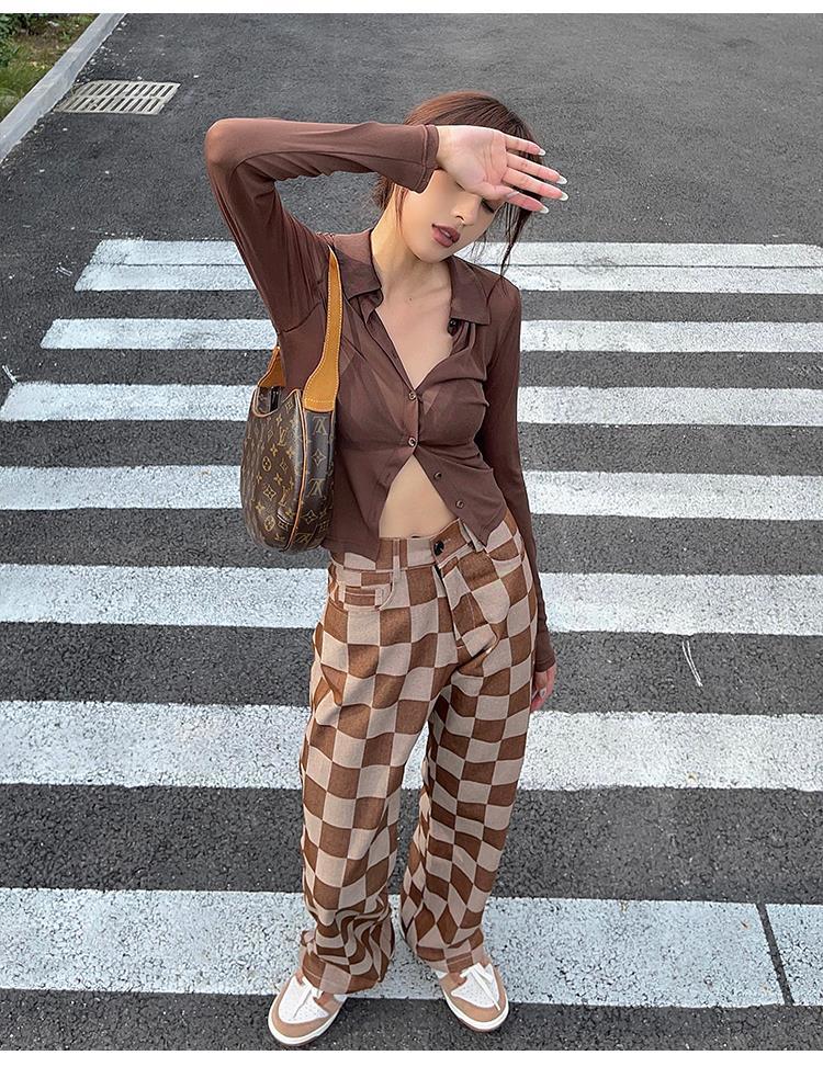 Prettyswomen Fashion girl chocolate color straight jeans women loose large size checkerboard pattern thin trousers y2k baggy wide leg jeans