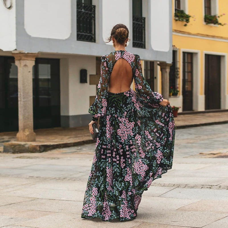 Trendy Floral Print Slim Backless Maxi Dress Casual Holiday Summer Cosy Vestidos Mother of The Bride Dress Evening Party Robe