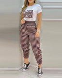 Prettyswomen Houndstooth Letter Print Pants Suit Women Summer  2022 New Classic Set Casual Short Sleeve Top & High Waist Pants Set