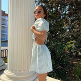 French Plaid Mini Dress Women Summer New Waist Hollow Puff Sleeve Square Collar Dress Elegant Sexy Backless A-Line Summer Dress