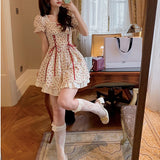 Prettyswomen Summer Patchwork Kawaii Dress Women Lace Up Japanese Sweet Party Mini Dress Short Sleeve Princess Chic Korean Bandage Dress 240920