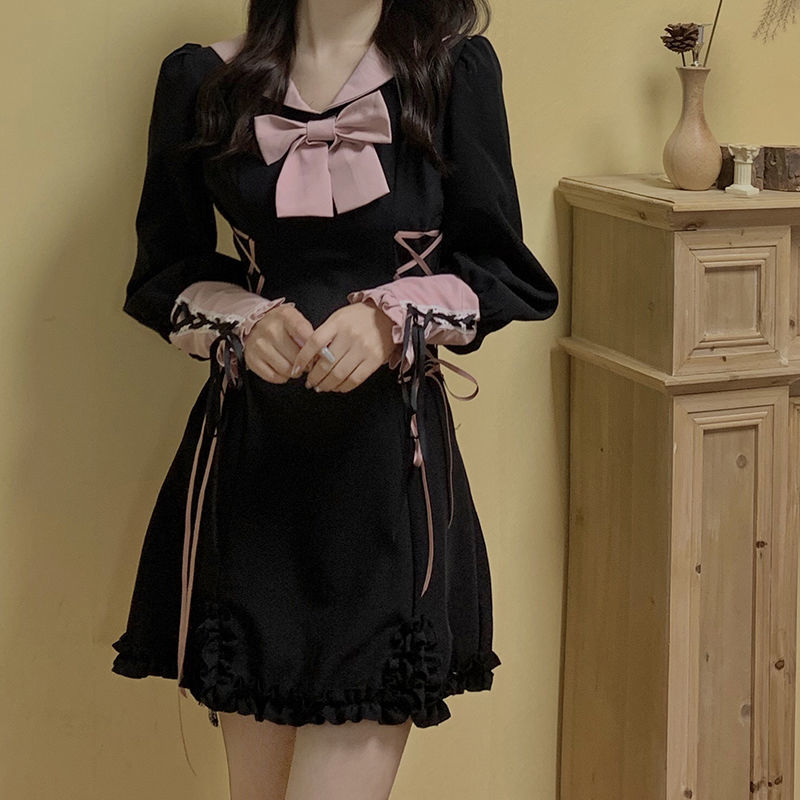 Black Princess Elegant Dress Women High Waist Slim Kawaii Gothic Dress Autumn Long Sleeve Bow Designer Party Mini Sweet Dress