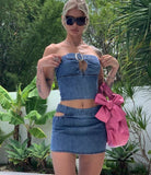 Prettyswomen round button hollow cropped denim tube top y2k hot girl vest short skirt mini skirt straight pants