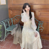 Prettyswomen Long Sleeve Dress Women Chiffon Autumn Floral New French Style Tender Mid-Calf Casual Sweet Lace Elegant See Through All-Match