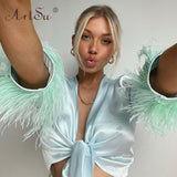 Prettyswomen Front Bow Tie Up Sexy Slim Women Bandage Shirt Low Cut Long Sleeve With Furry Feathers Green Satin Crop Top Clubwear
