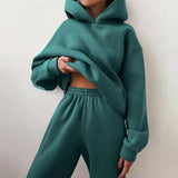 Prettyswomen Women's Fleece-Lined 2 Piece Set Winter Solid Warm Elegant Tracksuit Oversized Hoodies Pullover Sweatshirt And Pants Sportwear