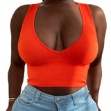 Prettyswomen Women Summer Sports Vest Solid Color Straps Ribbed Crop Tops Casual Slim Fit V-Neck Low Cut Sleeveless Tank Tops