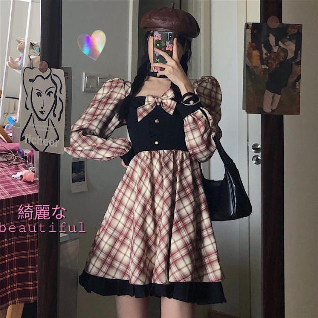 Gothic Lolita Dress Women Plaid Kawaii Bow Party Mini Dress Ruffles Vintage Japan Korean Sweet Dress New 2022 Women's Autumn