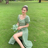 Summer Floral Bohemia Dress Women French Style Chiffon Split Fairy Dress Female Sexy Elegant Beach Boho Korean Dress 2022 New