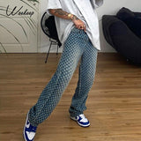 Prettyswomen Fashion Plaid Hollow Out Streetwear Jeans Women Club High Waist Button Fly Straight Pants Korean Baggy Denim Holes Pants