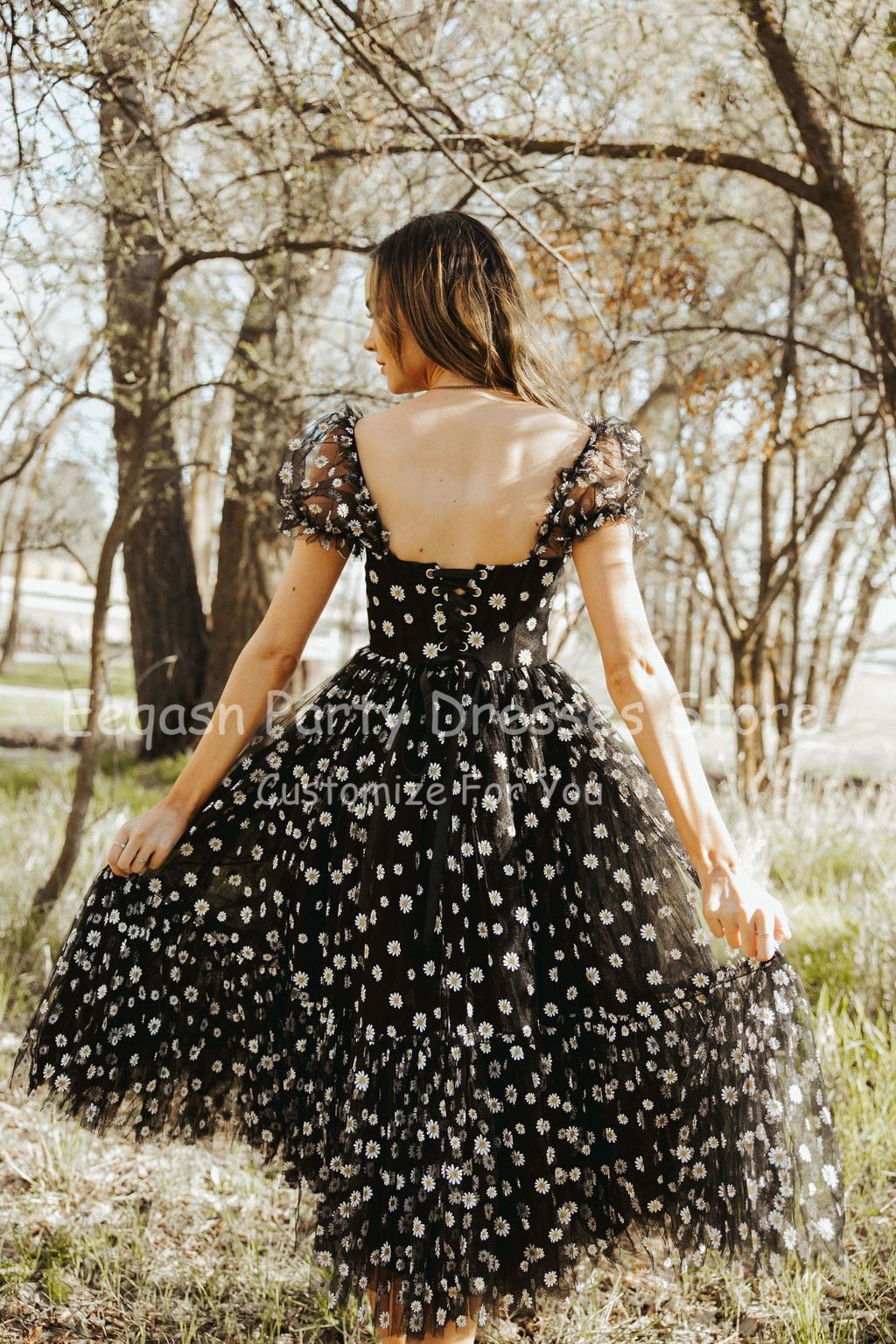 Black Flowers Tulle Midi Prom Party Dresses Short Sleeves Formal Party Gowns Tiered Skirt Corset Princess Prom Gowns 2022