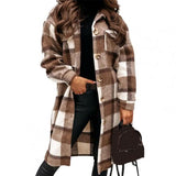 Prettyswomen Women's Coat Turn-Down Collar Long Sleeve Autumn Winter Overcoat Plaid Print Flap Pockets Woolen Oversize Coat Outerwear Пальто