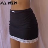 E-girl Sweet Bow Lace Trim Black Skirts Aesthetics Solid High Waist Bodycon Short Skirt Clubwear 90s Vintage Bottoms